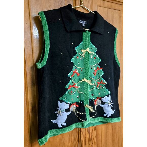 Vintage Lisa International Holiday Christmas Sweater Cardigan Sequin Bows XL - Picture 3 of 10